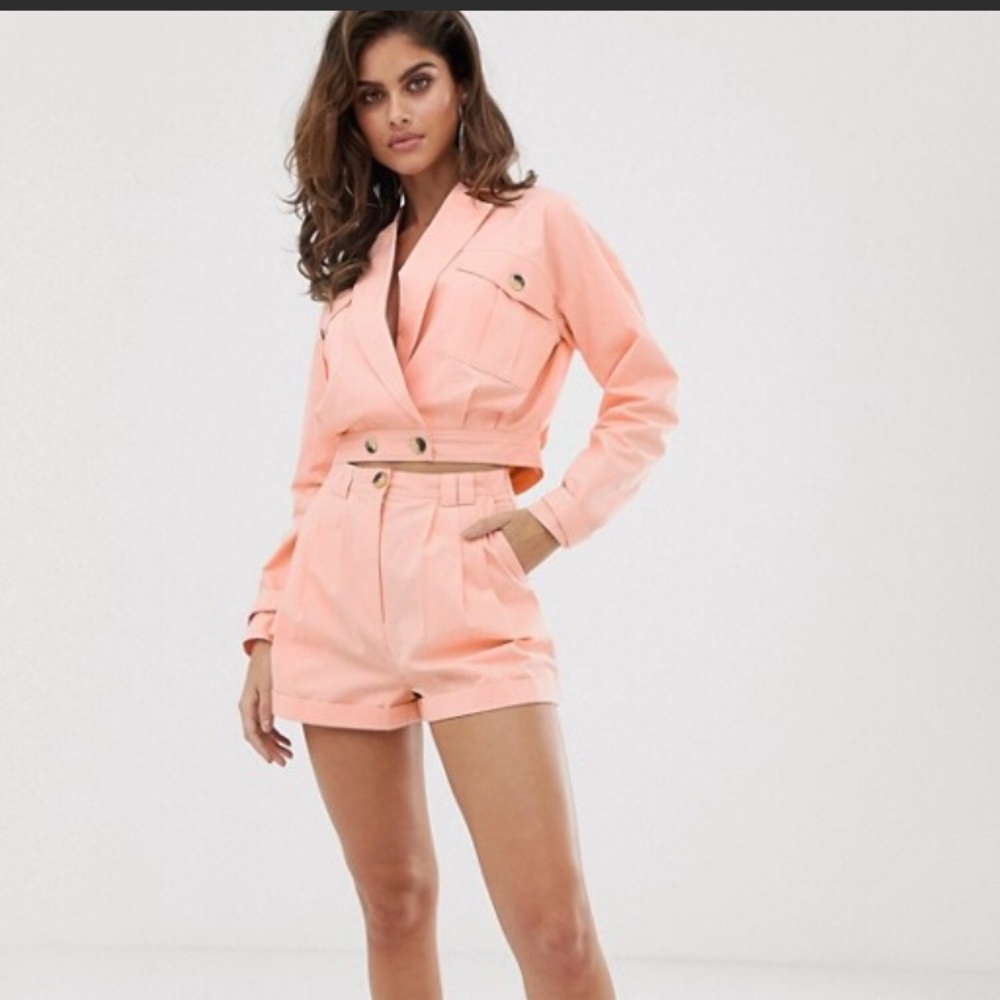 ASOS washed pink linen cropped suit blazer shorts